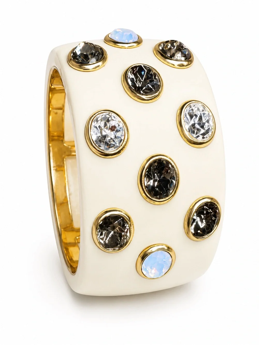 Neiman Marcus White Enamel Gold Tone Hinged Cuff Bracelet Crystal‎ Accent
